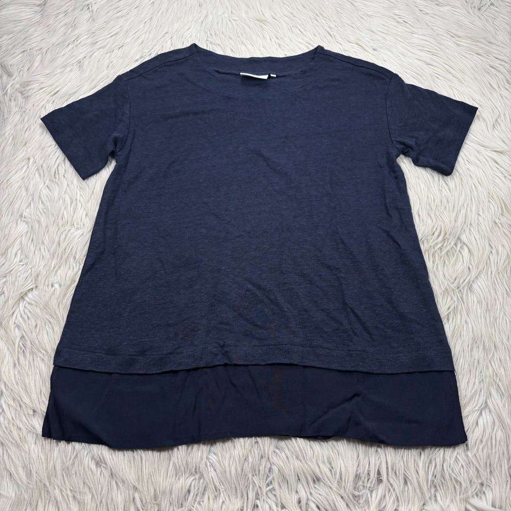 FOIL Women's XS Navy Short Sleeve Linen Tee Contrast Hem Minimalist Coastal